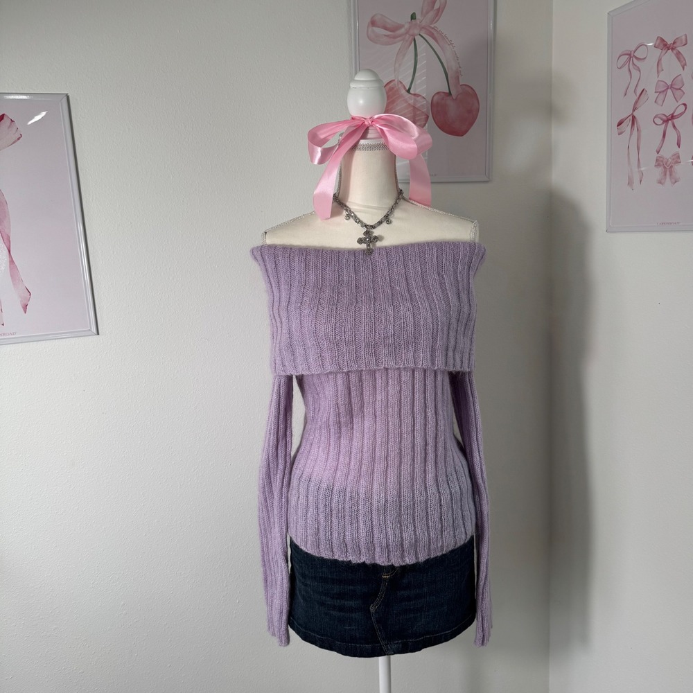 The Limited Purple Lilac Vtg Y2K Off The‎ Shoulder Ribbed Knit Mohair Sweater L